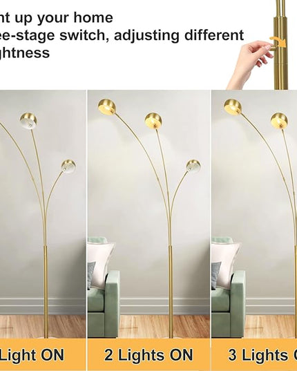 DLLT 3-Light Arc Floor Lamp, 86.6" Gold Floor Lamps for Living Room, Multi-Head LED Standing Tall Lamp with Adjustable Arms, Modern Tree Floor Lamps for Bedroom, Study, Office, E12 Bulbs Included - LeafyLoom