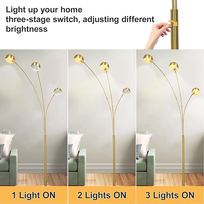 DLLT 3-Light Arc Floor Lamp, 86.6" Gold Floor Lamps for Living Room, Multi-Head LED Standing Tall Lamp with Adjustable Arms, Modern Tree Floor Lamps for Bedroom, Study, Office, E12 Bulbs Included - LeafyLoom