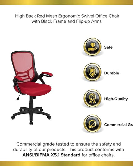 Flash Furniture Porter High Back Mesh Ergonomic Swivel Office Chair with Lumbar Support, Flip-Up Arms, Tilt Lock/Tilt Tension, Height Adjustable, Red/Black Frame - LeafyLoom