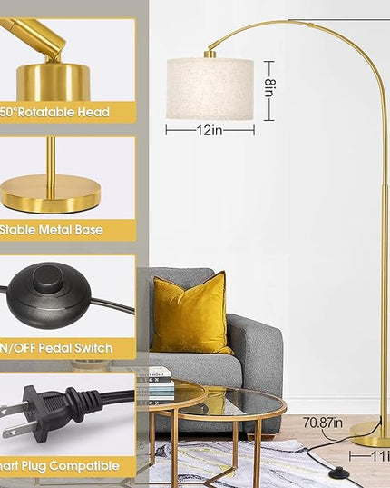 Gold Floor Lamp, Arc Floor Lamp for Living Room with Adjustable Drum Lampshade, Modern Tall Standing Lamp with On/Off Foot Switch, Over Couch Arched Reading Light for Reading, Bedroom, Office - LeafyLoom