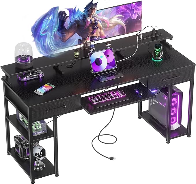 ODK Computer Desk with Drawers & Power Outlet, 63 Inch Office Desk with Keyboard Tray & Storage Shelves & PC Stand, Large Office Table Work Desk with Monitor Stand, Black - LeafyLoom