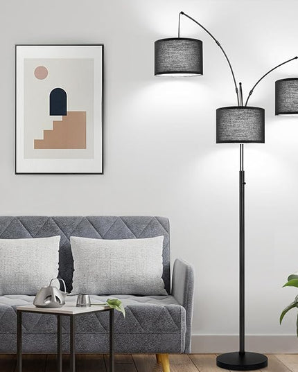Dimmable Floor Lamp - 3 Lights Arc Floor Lamps for Living Room, 1000LM Modern Tall Standing Lamp With Black Shades & Heavy Base, Mid Century Tree Floor Lamp for Bedroom Office, 3 LED Bulbs Included - LeafyLoom