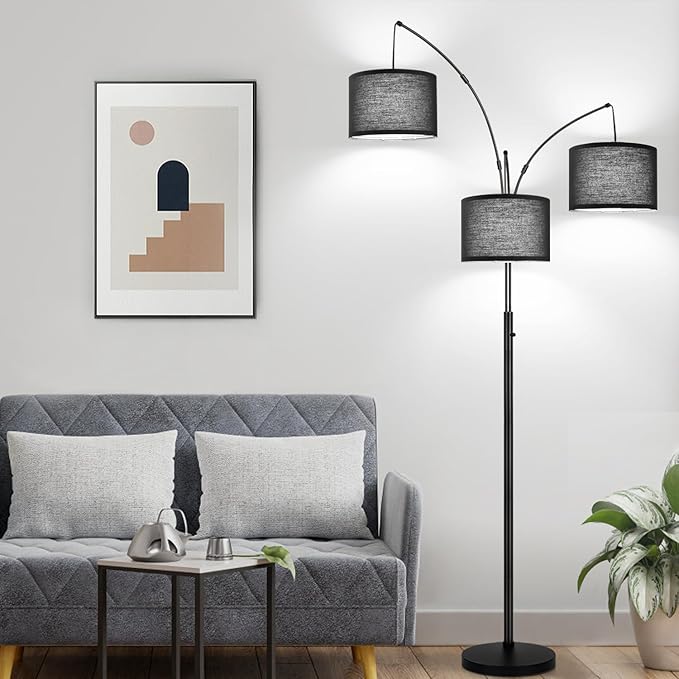 Dimmable Floor Lamp - 3 Lights Arc Floor Lamps for Living Room, 1000LM Modern Tall Standing Lamp With Black Shades & Heavy Base, Mid Century Tree Floor Lamp for Bedroom Office, 3 LED Bulbs Included - LeafyLoom
