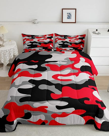 Queen Size Camouflage Comforter Set 3Pcs Kids Bedding Set for Boys Girls Teens 1 Comforter & 2 Pillowcases(Queen,Red Black) Boys - LeafyLoom