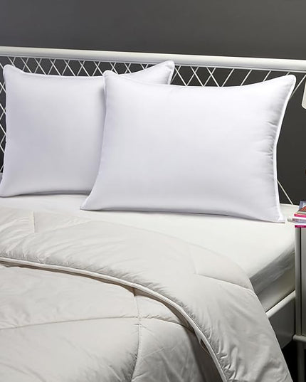 Amazon Basics Down Alternative Pillows, Soft Density For Stomach and Back Sleepers, Standard, Pack of 2, White, 26 in L x 20 in W - LeafyLoom