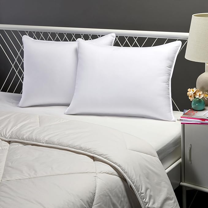 Amazon Basics Down Alternative Pillows, Soft Density For Stomach and Back Sleepers, Standard, Pack of 2, White, 26 in L x 20 in W - LeafyLoom