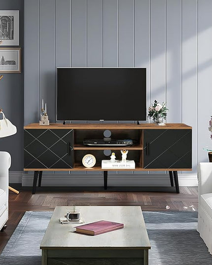 Iwell TV Stand for 55 inch TV, TV Console, Entertainment Center with 2 Cabinets & Open Shelf, Mid Century Modern TV Stand for Living Room/Bedroom, Black - LeafyLoom