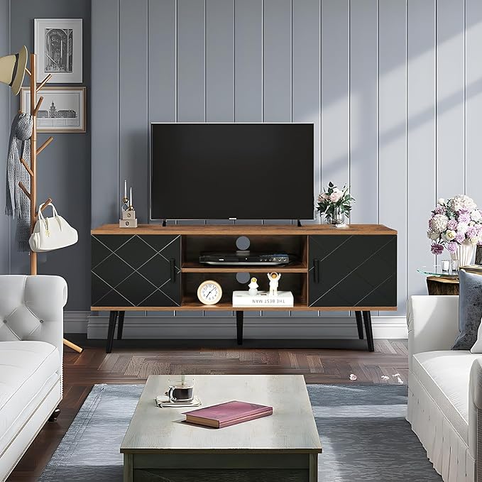 Iwell TV Stand for 55 inch TV, TV Console, Entertainment Center with 2 Cabinets & Open Shelf, Mid Century Modern TV Stand for Living Room/Bedroom, Black - LeafyLoom
