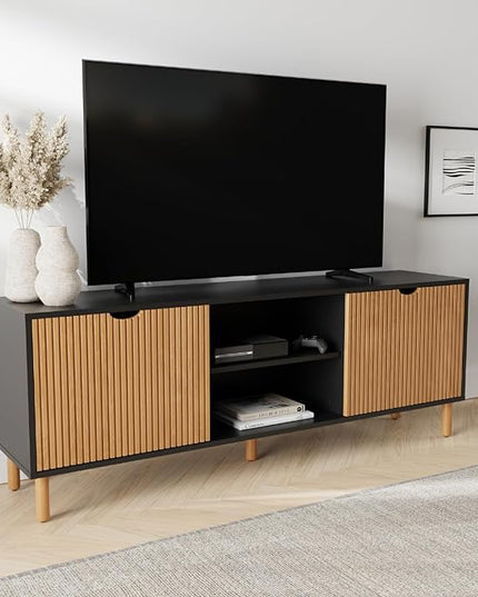 Contemporary Fluted TV Stand - Media Console - 70” Entertainment Center Console Table with Storage for Living Room - Fits 32 to 80" TVs (Black and Oak) - LeafyLoom