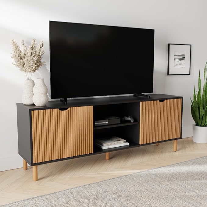 Contemporary Fluted TV Stand - Media Console - 70” Entertainment Center Console Table with Storage for Living Room - Fits 32 to 80" TVs (Black and Oak) - LeafyLoom