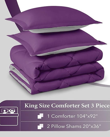 downluxe King Size Comforter Set - Purple and Grey King Comforter, Soft Bedding Sets for All Seasons -3 Pieces - 1 Comforter (104"x92") and 2 Pillow Shams(20"x36") - LeafyLoom
