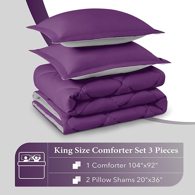 downluxe King Size Comforter Set - Purple and Grey King Comforter, Soft Bedding Sets for All Seasons -3 Pieces - 1 Comforter (104"x92") and 2 Pillow Shams(20"x36") - LeafyLoom