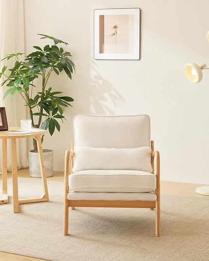 Bonnlo Coarse Beige Accent Chairs Set of 2, Upholstered Mid Century Modern Lounge Fabric Chairs Reading Chairs Side Sitting Chair Solid Wood Farmhouse Armchairs for Living Room, Bedroom, Guest Room - LeafyLoom