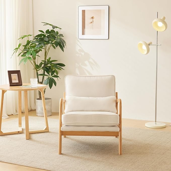 Bonnlo Coarse Beige Accent Chairs Set of 2, Upholstered Mid Century Modern Lounge Fabric Chairs Reading Chairs Side Sitting Chair Solid Wood Farmhouse Armchairs for Living Room, Bedroom, Guest Room - LeafyLoom
