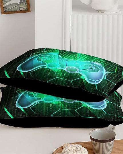 Axolotl Gamepad Comforter Set Queen Size,Number Video Gaming Gamer Bedding Set,Boys Game Console Comforter Set,Geometry Hexagonal Bedding Set for Teens Men Adults,1 Quilt 2 Pillowcases,Green Black - LeafyLoom