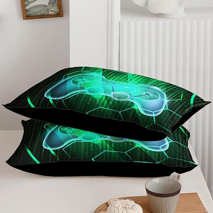 Axolotl Gamepad Comforter Set Queen Size,Number Video Gaming Gamer Bedding Set,Boys Game Console Comforter Set,Geometry Hexagonal Bedding Set for Teens Men Adults,1 Quilt 2 Pillowcases,Green Black - LeafyLoom