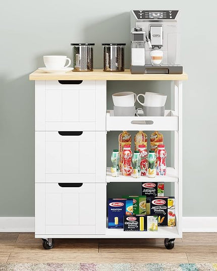 Shintenchi Kitchen Island Cart with Storage,Rolling Kitchen Island Storage Cabinet,Side Table on Wheels with Worktop,3 Open Shelves and 3 Drawers for Kitchen,Dinning Room, White - LeafyLoom