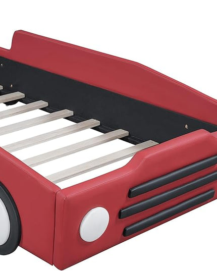 Twin Size Race Car Bed Platform Bed with Wheels and Side Rails,Bed Frame W/Headboard & Slats Support,for Kids Boys Girls Teens,Red - LeafyLoom