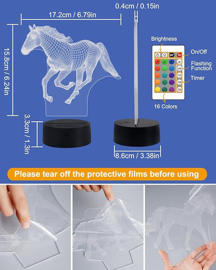 FULLOSUN Horse Night Light, Horse Gift for Girls, 3D Horse Night Lights with Remote Contro 16 RGB Colors Changeable Kids Room Boys Girls Gift for Holiday Birthday Xmas Creative Decoration - LeafyLoom