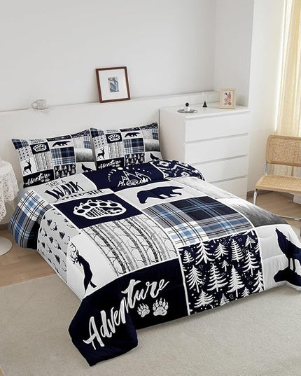 Manfei Deer Bear Kids Comforter Set King Size,Wolf Hunting Adventure Rustic Bedding Set for Boys Girls Adults Room Decor,Geometric Plaids Patchwork Down Comforter,Blue Xmas Duvet Insert,2 Pillowcases - LeafyLoom