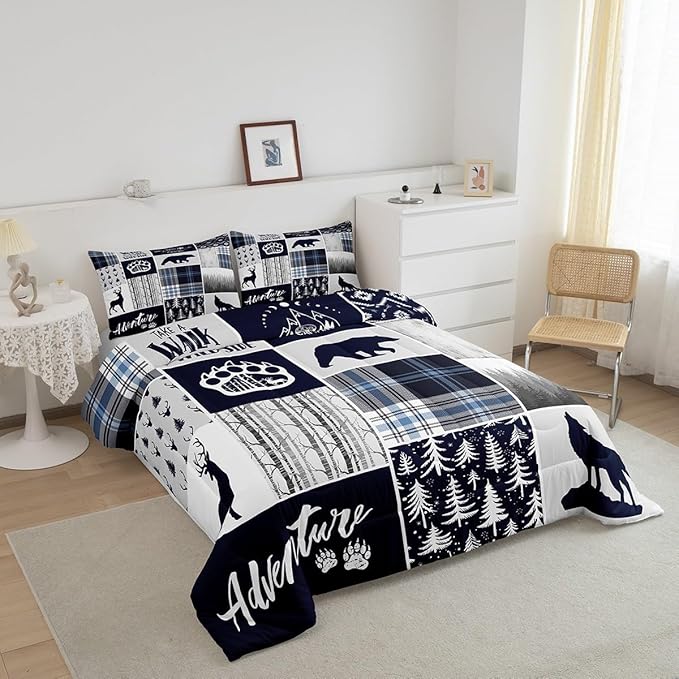 Manfei Deer Bear Kids Comforter Set King Size,Wolf Hunting Adventure Rustic Bedding Set for Boys Girls Adults Room Decor,Geometric Plaids Patchwork Down Comforter,Blue Xmas Duvet Insert,2 Pillowcases - LeafyLoom