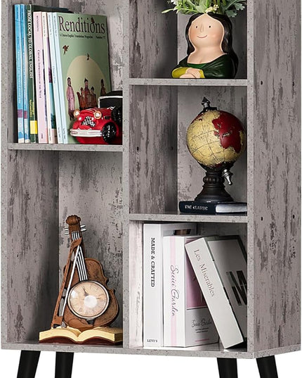 5 Cube Small Bookshelf,3 Tier Mid-Century Modern Bookcase with Legs,Wood Bookshelves Storage Organizer Shelf,Free Standing Narrow Book Shelves,Rustic Grey Corner Bookcases for Bedroom,Living Room - LeafyLoom
