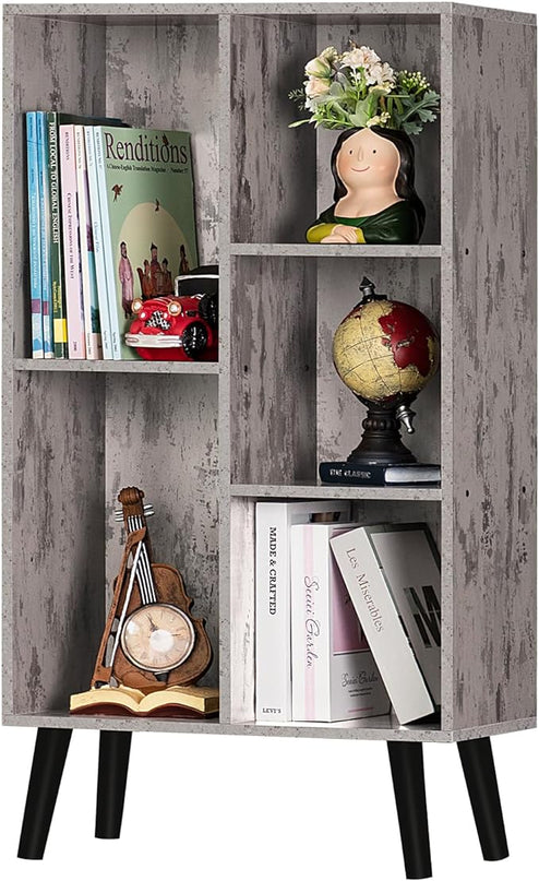 5 Cube Small Bookshelf,3 Tier Mid-Century Modern Bookcase with Legs,Wood Bookshelves Storage Organizer Shelf,Free Standing Narrow Book Shelves,Rustic Grey Corner Bookcases for Bedroom,Living Room - LeafyLoom