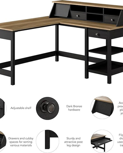 Bush Furniture Mayfield 60W L Shaped Computer Desk with Storage and Desktop Organizer in Vintage Black and Reclaimed Pine | Storage for Home Office Workspace - LeafyLoom