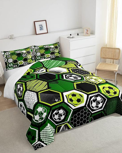 Erosebridal Boys Football Comforter Set Full Soccer Sports Bedding Set Twin for Kids Teen,Geometric Honeycomb Down Comforter Hexagon Beehive Quilt Duvet Duvet Insert Green Black White 2 Pillow Cases - LeafyLoom