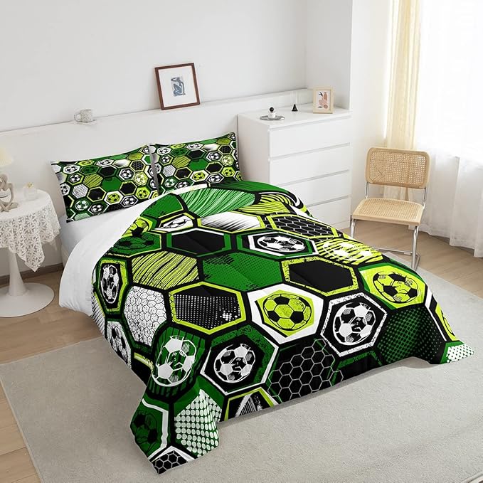 Erosebridal Boys Football Comforter Set Full Soccer Sports Bedding Set Twin for Kids Teen,Geometric Honeycomb Down Comforter Hexagon Beehive Quilt Duvet Duvet Insert Green Black White 2 Pillow Cases - LeafyLoom