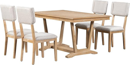 Solid Wood 5-Piece Dining Set with 4 Upholstered Chairs, 59-inch Rectangular Tabletop with Trestle Table Base, for Kitchen Living Room, Natural - LeafyLoom
