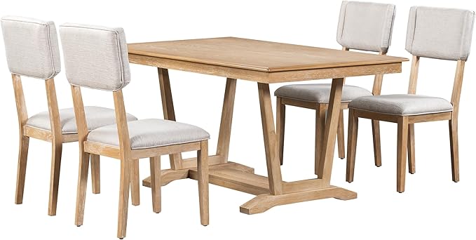 Solid Wood 5-Piece Dining Set with 4 Upholstered Chairs, 59-inch Rectangular Tabletop with Trestle Table Base, for Kitchen Living Room, Natural - LeafyLoom