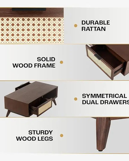 Bme Modern Solid Wood Coffee Table with Storage, Accent Rattan Design, Perfect for Living Room, Walnut, Medium - LeafyLoom