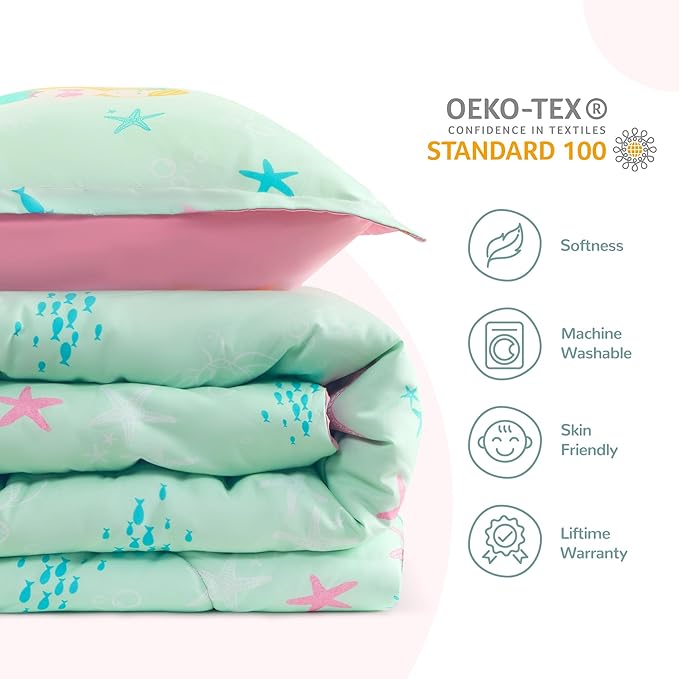 SLEEP ZONE 3 Pieces Comforter Set, Breathable & Super Soft All Season Kids Comforter Set, Cartoon Design for Children, Girls, Easy Care, Washable (Mermaid Princess, Full/Queen) - LeafyLoom