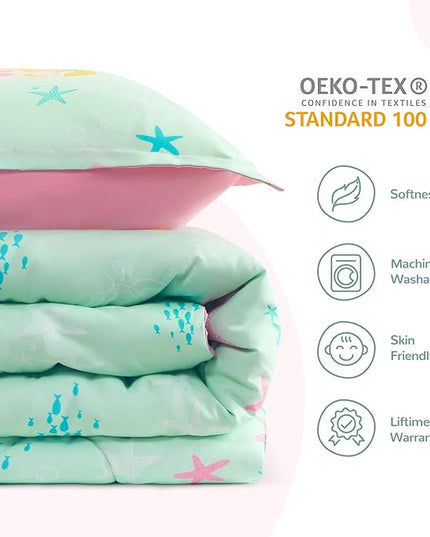 SLEEP ZONE Kids Bedding Comforter Set, Cute Pattern & Super Soft 2 Pieces Bedding Sets, All Season for Girls, 1 Comforter, 1 Pillowcase, Fade Resistant (Mermaid Princess, Twin) - LeafyLoom