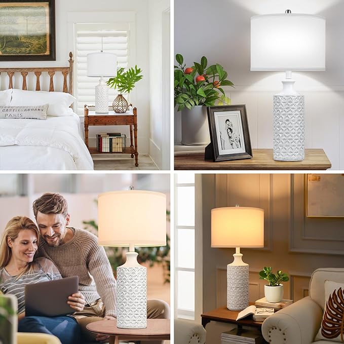 Brightever Ceramic Table Lamps Set of 2, 25'' Farmhouse Modern Nightstand Lamps for Living/Study Room, Bedroom, Office, Large Bedside Lamp with White Fabric Shade, Bulb not Included - LeafyLoom
