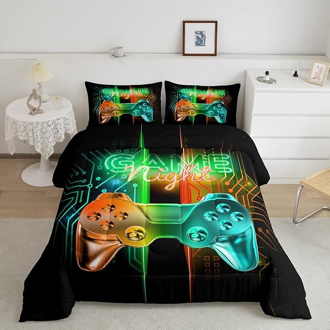 Feelyou Gamer Comforter Kids Gaming Video Game Comforter Set for Boys Teens Noverlty Modern Gamepad Bedding Set Breathable Gamer Console Bedding Duvet Set Bright Orange Green Room Decor Twin Size - LeafyLoom