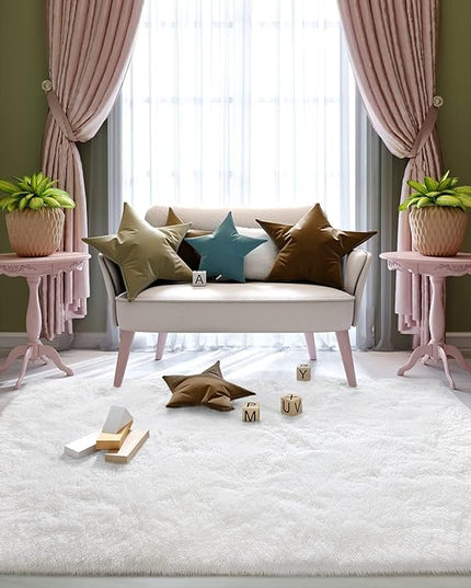 Super Soft Fluffy Shaggy Rugs 5x8 Feet for Living Room Bedroom, Fuzzy Plush Area Rugs for Girls Kids Room Nursery Home Decor, Furry Dorm Rug Cute Non-Slip Indoor Floor Carpet, Cream White - LeafyLoom
