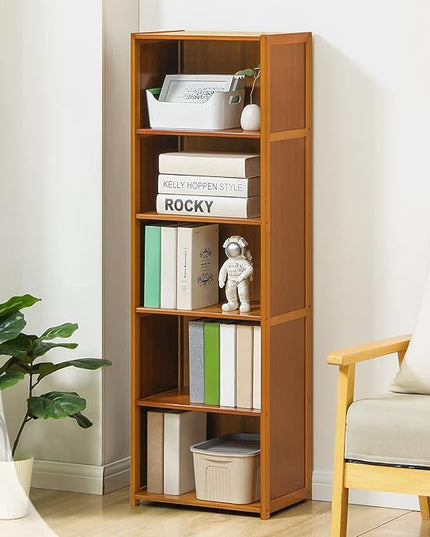 MoNiBloom Bamboo 5 Tier Free Standing Narrow Bookcase Display Storage Shelves Collection Décor Furniture for Home Office Living Room, Brown - LeafyLoom