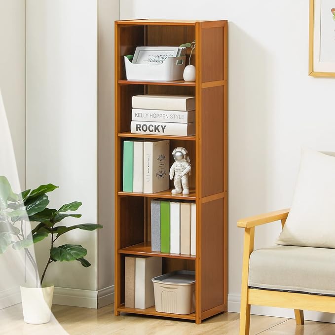 MoNiBloom Bamboo 5 Tier Free Standing Narrow Bookcase Display Storage Shelves Collection Décor Furniture for Home Office Living Room, Brown - LeafyLoom