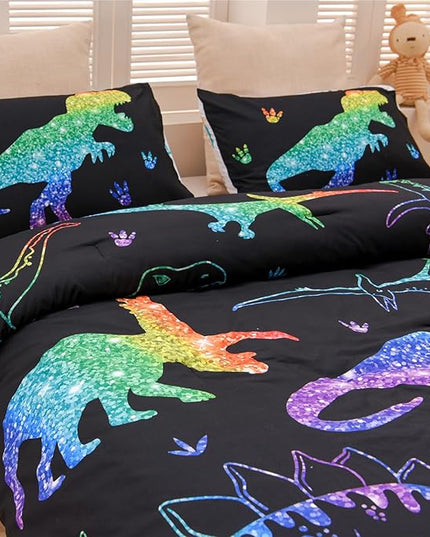 Meeting Story Dinosaur Comforter Set, Fluorescence Gradation Dinosaur Twin Comforter Set, 3 PCS 1 Comforter and 2 Pillowcases in One Bag, All Season Bedspread for Kids Teens Adults（Twin） - LeafyLoom