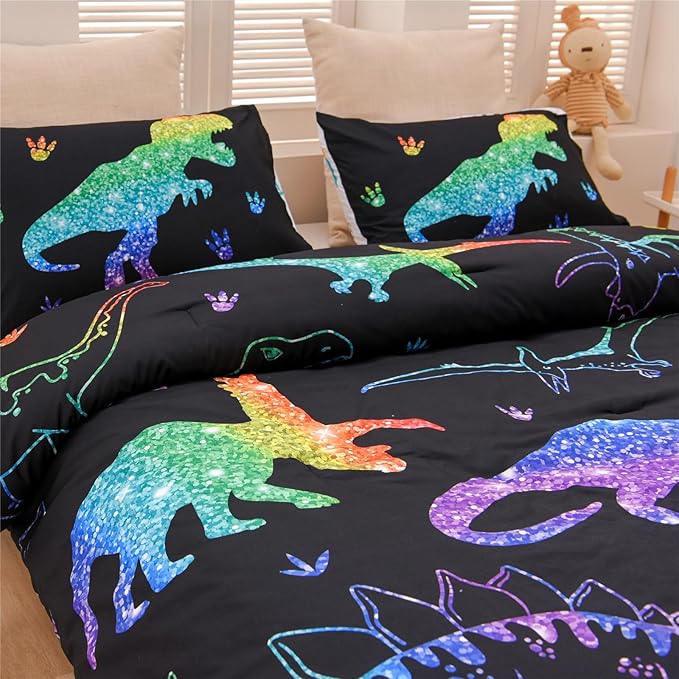 Meeting Story Dinosaur Comforter Set, Fluorescence Gradation Dinosaur Twin Comforter Set, 3 PCS 1 Comforter and 2 Pillowcases in One Bag, All Season Bedspread for Kids Teens Adults（Twin） - LeafyLoom