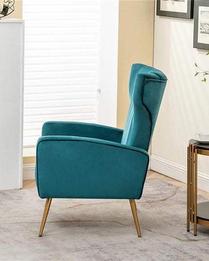 Armchair Modern Velvet Accent Chair, Channel Tufted Bedroom, Office or Living Room Furniture with Elegant Metal Legs, Blueish Green - LeafyLoom
