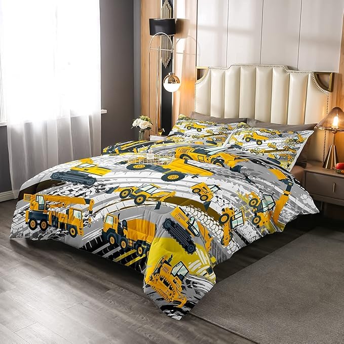 Boys Construction Comforter Set Truck Bedroom Decor for Kids Girls Under Construction Vehicles Down Comforter Nursery Children Cartoon Machinery Truck Excavator Bedding Tractor Cars Duvet Quilt, King - LeafyLoom