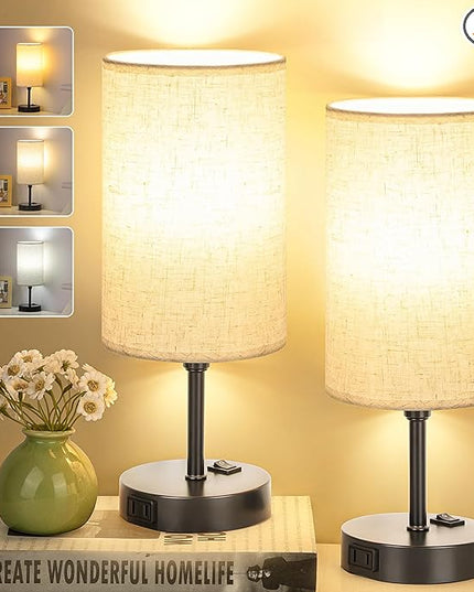 GGOYING Set of 2 Bedside Table Lamp, Bedroom Lamps with 3-Color Modes, AC Outlet, Linen Round Lampshade Nightstand Lamp for Livingroom Reading Working - LeafyLoom