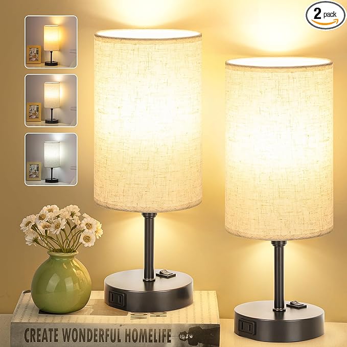 GGOYING Set of 2 Bedside Table Lamp, Bedroom Lamps with 3-Color Modes, AC Outlet, Linen Round Lampshade Nightstand Lamp for Livingroom Reading Working - LeafyLoom