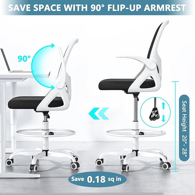 Drafting Chair Tall Office Chair for Standing Desk Adjustable Tall Desk Chair with Footrest Ring and Lumbar Support Ergonomic Computer Chair with Flip-up Armrests (White) - LeafyLoom