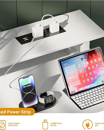 55 inch Computer Desk with Power Outlets, Office Desk Gaming desk with LED Lights, Home Office Desk with Monitor Shelf, Modern Work Desk Study Writing Table for Bedroom, White - LeafyLoom