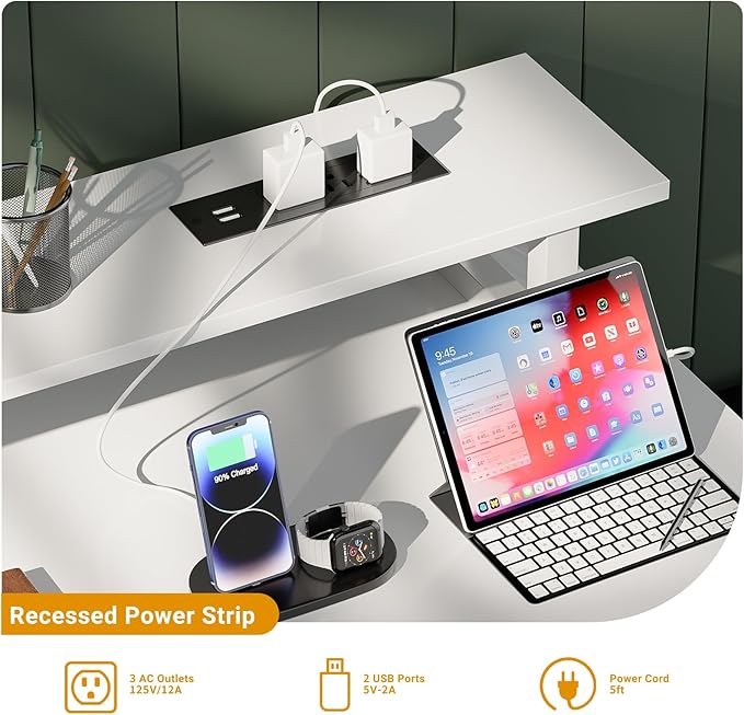 47 inch Computer Desk with Power Outlets, Gaming Desk with LED Lights, Home Office Work Desk with Monitor Shelf, Modern Office Desk Study Writing Table for Small Spaces, White - LeafyLoom