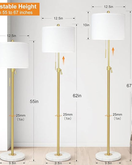 Modern Floor Lamp for Living Room, Adjustable Height Standing Lamp with Marble Base, 3-Way Dimmable Gold Brass Tall Pole Light with White Linen Shade for Reading, Bedroom, Chain Switch, Bulb Included - LeafyLoom